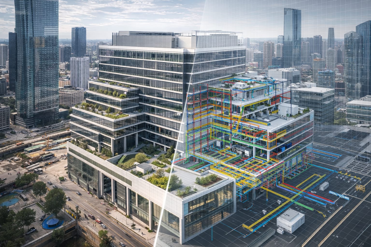 A BIM model of a building under construction, opened in the Sintrec viewer